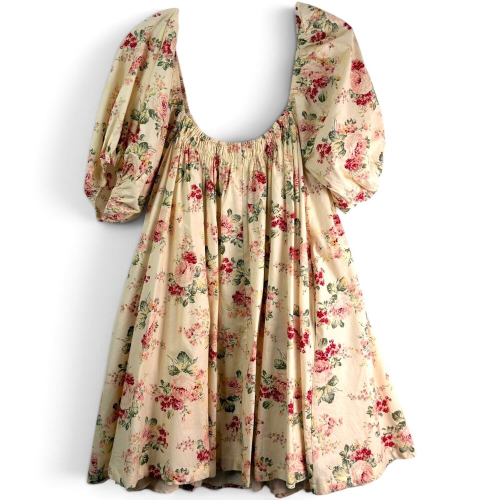 cream floral puff sleeve mini dress cottagecore romantic prairie size m by mable - Picture 2 of 5